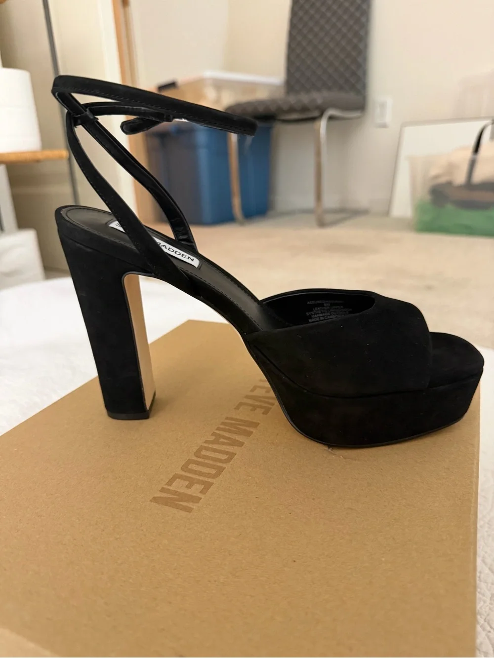 Steve Madden Black Suede Platform Ankle-Strap Heels